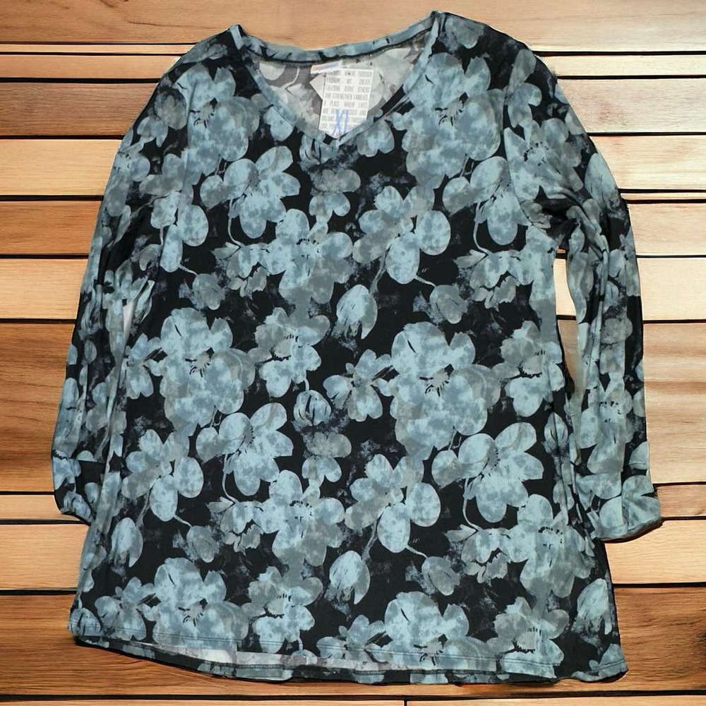 LulaRoe Womens Elizabeth Tunic XL Ribbed Black Blue Floral Watercolor - Picture 5 of 7
